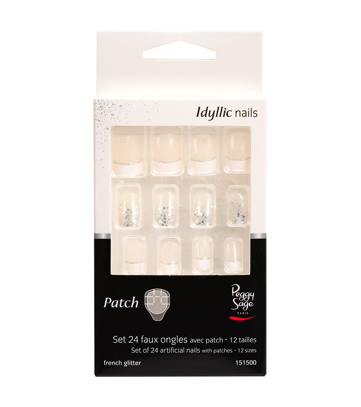 Kit 24 Unghie Finte Con Adesivo Peggy Sage/ French Glitter